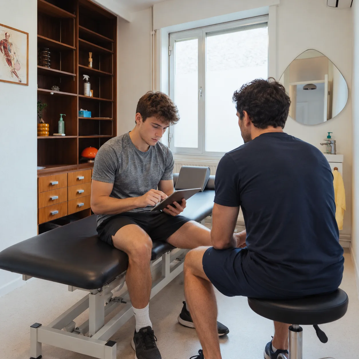 Sportif assis au bord d'une table de soin qui répond à un questionnaire sur une tablette, kinésithérapeute de dos à côté de lui.