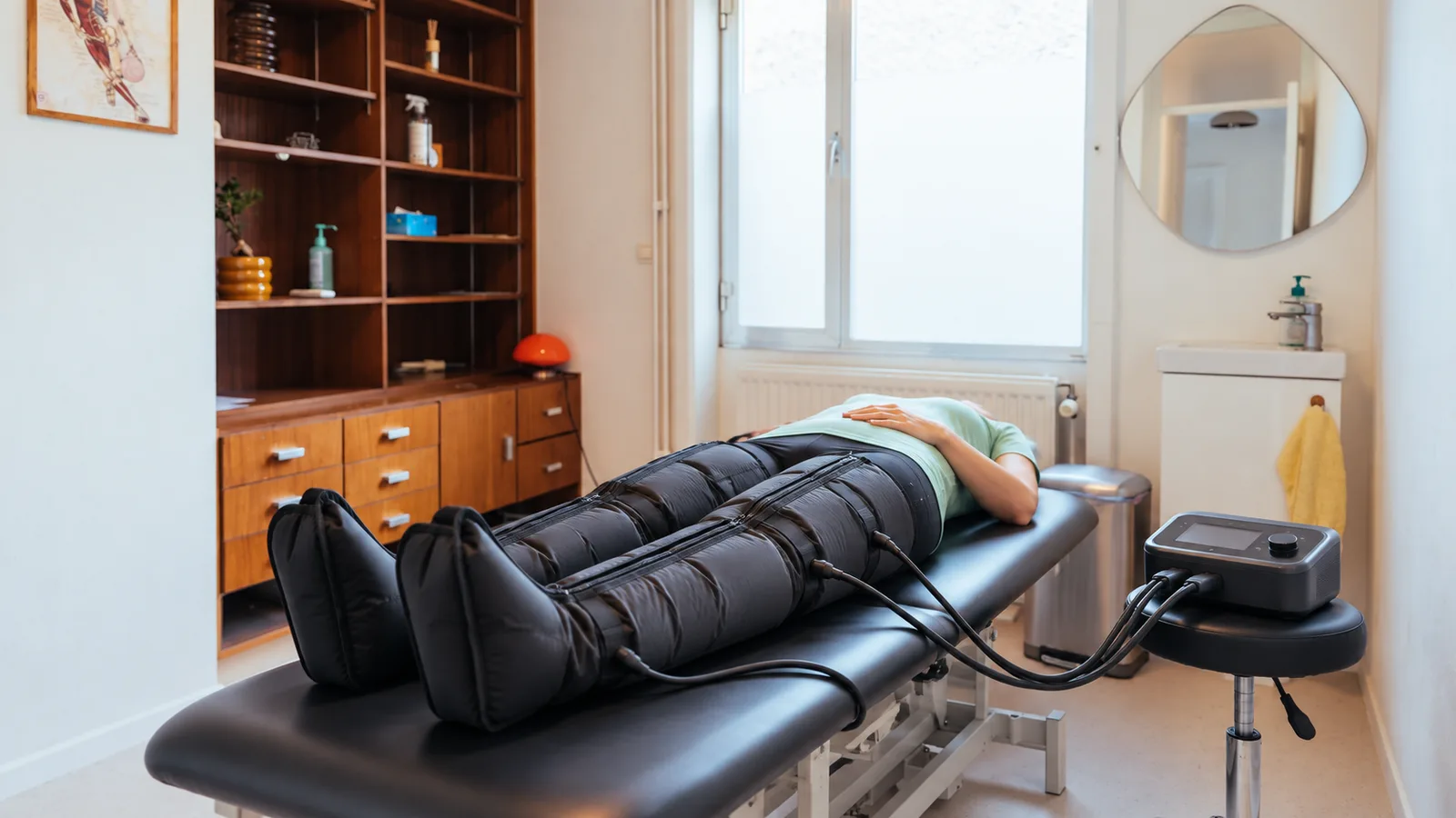 Bottes de pressothérapie aux jambes d'une personne allongée sur une table de soin